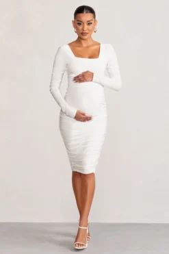 New Life | White Maternity Square Neck Ruched Midi Dress -Stylixon Sales Store WB CC BR CL127156 NewLifeWhiteMaternitySquareNeckRuchedMidiDress2 scaled