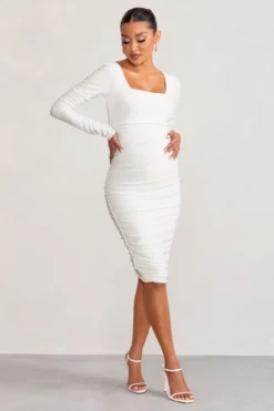 New Life | White Maternity Square Neck Ruched Midi Dress -Stylixon Sales Store WB CC BR CL127156 NewLifeWhiteMaternitySquareNeckRuchedMidiDress3 scaled