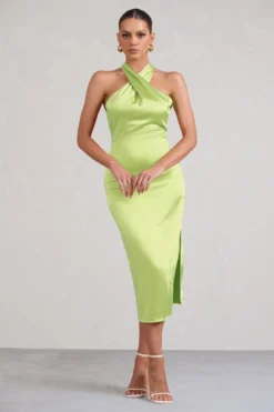 Dazzling | Lime Satin Cross Over Halter Neck Midi Dress -Stylixon Sales Store WB CC BR CL127233 limeCrossOverHalterNeckMidiDress2 scaled