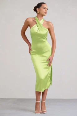 Dazzling | Lime Satin Cross Over Halter Neck Midi Dress -Stylixon Sales Store WB CC BR CL127233 limeCrossOverHalterNeckMidiDress5 scaled