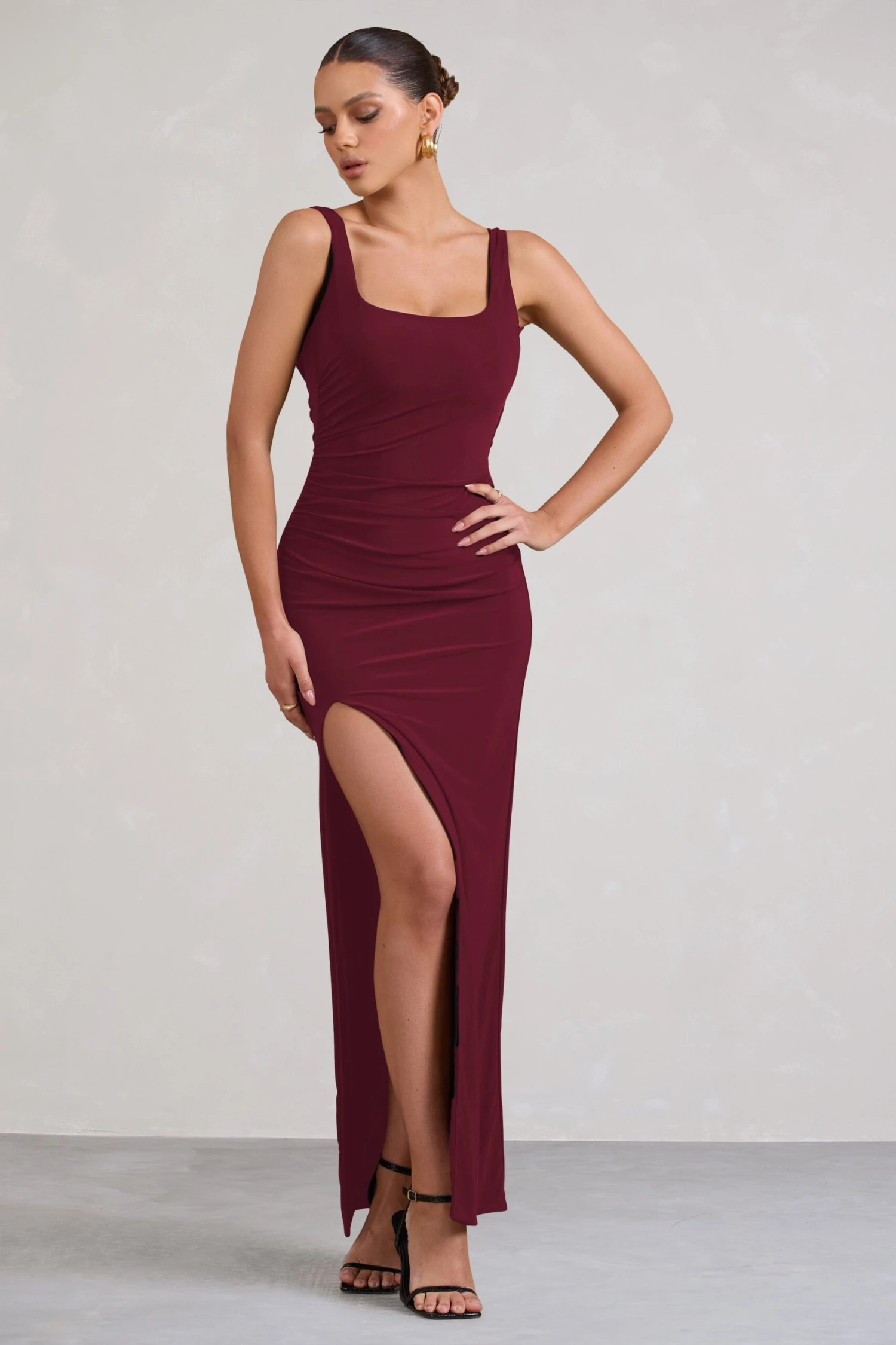 Kate | Berry Square Neck Maxi Dress With Plunge Back And Side Thigh Split 1 Kate | Berry Square Neck Maxi Dress With Plunge Back And Side Thigh Split