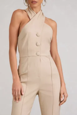 Don't Cross Me | Stone Halter Neck Tailored Buttoned Sleeveless Jumpsuit -Stylixon Sales Store WB CC BR CL128486032 Don tCrossMeStoneHalterNeckTailoredButtonedSleevelessJumpsuit3 scaled