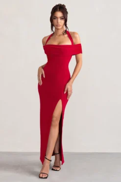 Anisa | Red Layered Halter Neck Bardot Maxi Dress With Thigh Split -Stylixon Sales Store WB CC BR CL129055 AnisaRedLayeredHalterNeckBardotMaxiDressWithThighSplit2 scaled