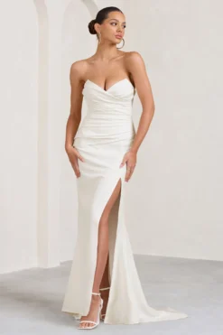 Elene | White Pleated Split Fishtail Maxi Dress -Stylixon Sales Store WB CC BR CL129347005 EleneWhitePleatedSplitFishtailMaxiDress2 scaled