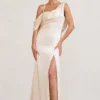 Jayne | Cream Satin Asymmetric Draped Split Maxi Dress