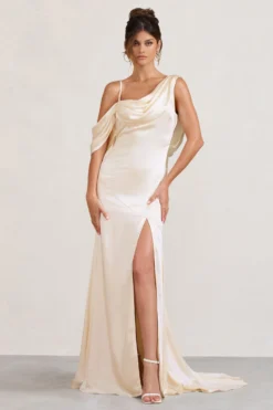 Jayne | Cream Satin Asymmetric Draped Split Maxi Dress
