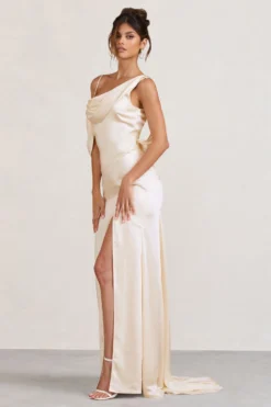 Jayne | Cream Satin Asymmetric Draped Split Maxi Dress -Stylixon Sales Store WB CC BR CL129372028 JayneCreamSatinAsymmetricDrapedSplitMaxiDress4 scaled