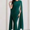 Kimmy | Bottle Green High Neck Maxi Dress With Cape Sleeves