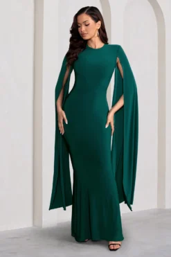 Kimmy | Bottle Green High Neck Maxi Dress With Cape Sleeves 8 Kimmy | Bottle Green High Neck Maxi Dress With Cape Sleeves -Stylixon Sales Store WB CC BR HR CL129258 KimmyBottleGreenHighNeckMaxiDresswithFloorLengthSleeves3 scaled