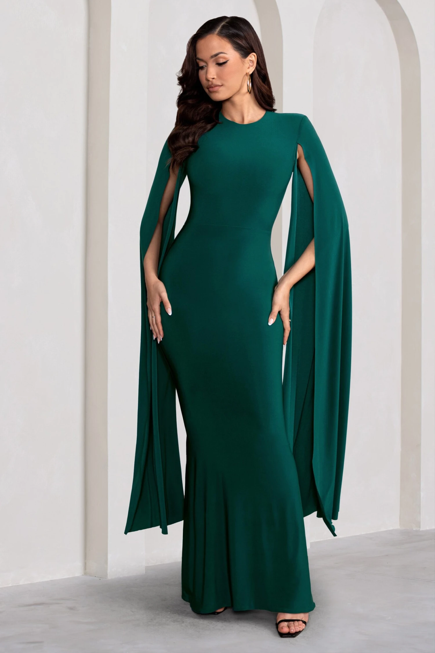 Kimmy | Bottle Green High Neck Maxi Dress With Cape Sleeves 4 Kimmy | Bottle Green High Neck Maxi Dress With Cape Sleeves - Image 4