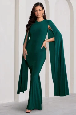 Kimmy | Bottle Green High Neck Maxi Dress With Cape Sleeves 9 Kimmy | Bottle Green High Neck Maxi Dress With Cape Sleeves -Stylixon Sales Store WB CC BR HR CL129258 KimmyBottleGreenHighNeckMaxiDresswithFloorLengthSleeves4 scaled