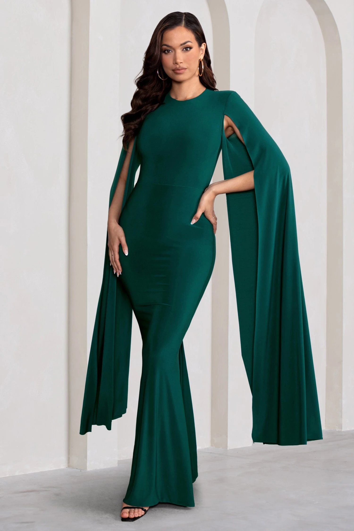 Kimmy | Bottle Green High Neck Maxi Dress With Cape Sleeves 5 Kimmy | Bottle Green High Neck Maxi Dress With Cape Sleeves - Image 5