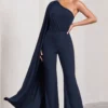 Aurora | Navy One Shoulder Cape Sleeve Jumpsuit