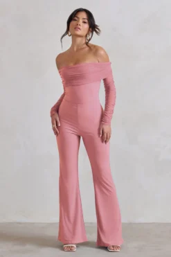 Whisper | Powder Pink Ruched Mesh Bardot Jumpsuit -Stylixon Sales Store WB CC CL124573 WhisperPowderPinkRuchedMeshBardotJumpsuit0 scaled