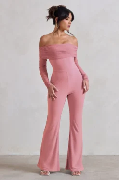 Whisper | Powder Pink Ruched Mesh Bardot Jumpsuit -Stylixon Sales Store WB CC CL124573 WhisperPowderPinkRuchedMeshBardotJumpsuit1 scaled