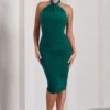 Serendipity | Bottle Green Halter Neck Knot Midi Dress
