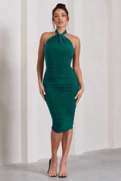 Serendipity | Bottle Green Halter Neck Knot Midi Dress