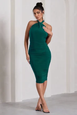 Serendipity | Bottle Green Halter Neck Knot Midi Dress -Stylixon Sales Store WB CC CL126092047 Serendipity BottleGreenHalterNeckKnotMidiDress1 scaled