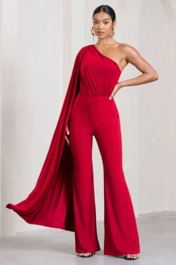 Aurora | Red One Shoulder Cape Sleeve Jumpsuit -Stylixon Sales Store WB CC CL126743004 AuroraRedOneShoulderCapeSleeveJumpsuit0 scaled