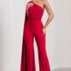 Aurora | Red One Shoulder Cape Sleeve Jumpsuit