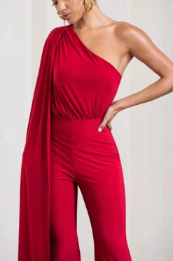 Aurora | Red One Shoulder Cape Sleeve Jumpsuit -Stylixon Sales Store WB CC CL126743004 AuroraRedOneShoulderCapeSleeveJumpsuit7 scaled