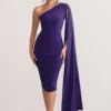 Yara | Purple One Shoulder Cape Ruched Midi Dress