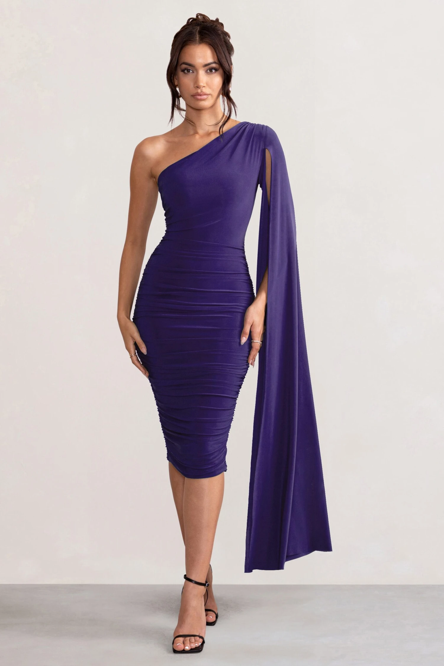 Yara | Purple One Shoulder Cape Ruched Midi Dress 1 Yara | Purple One Shoulder Cape Ruched Midi Dress
