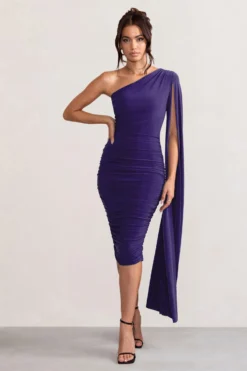 Yara | Purple One Shoulder Cape Ruched Midi Dress 8 Yara | Purple One Shoulder Cape Ruched Midi Dress -Stylixon Sales Store WB CC CL127661 YaraPurpleOneShoulderCapeRuchedMidiDress1 scaled