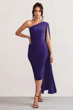 Yara | Purple One Shoulder Cape Ruched Midi Dress 9 Yara | Purple One Shoulder Cape Ruched Midi Dress -Stylixon Sales Store WB CC CL127661 YaraPurpleOneShoulderCapeRuchedMidiDress2 scaled
