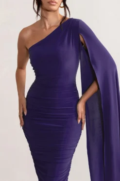 Yara | Purple One Shoulder Cape Ruched Midi Dress 7 Yara | Purple One Shoulder Cape Ruched Midi Dress -Stylixon Sales Store WB CC CL127661 YaraPurpleOneShoulderCapeRuchedMidiDress3 scaled