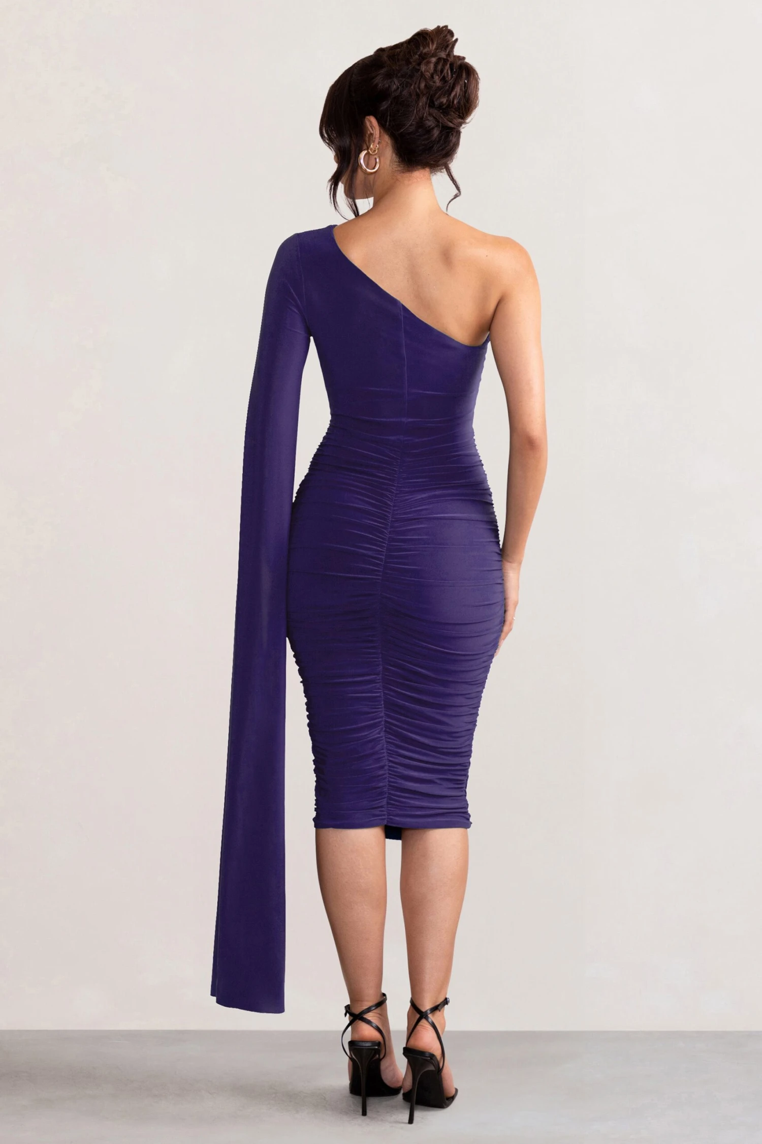 Yara | Purple One Shoulder Cape Ruched Midi Dress 2 Yara | Purple One Shoulder Cape Ruched Midi Dress - Image 2