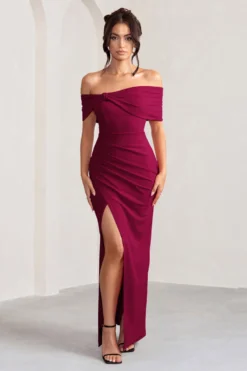 Eva | Burgundy Bardot Bow Detail Maxi Dress With Thigh Split -Stylixon Sales Store WB CC CL127770069 EvaBurgundyBardotBowDetailMaxiDressWithThighSplit0 scaled