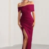 Eva | Burgundy Bardot Bow Detail Maxi Dress With Thigh Split