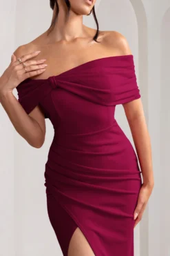 Eva | Burgundy Bardot Bow Detail Maxi Dress With Thigh Split -Stylixon Sales Store WB CC CL127770069 EvaBurgundyBardotBowDetailMaxiDressWithThighSplit2 scaled