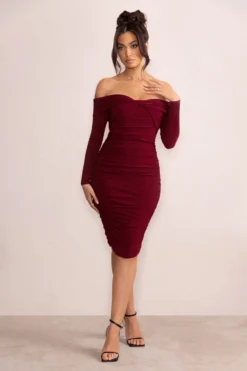 Lulu | Burgundy Twist Front Bardot Midi Dress With Sleeves