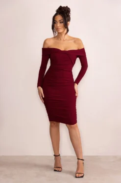 Lulu | Burgundy Twist Front Bardot Midi Dress With Sleeves -Stylixon Sales Store WB CC CL127851 LuluBurgundyTwistFrontBardotMidiDressWithSleeves2 scaled
