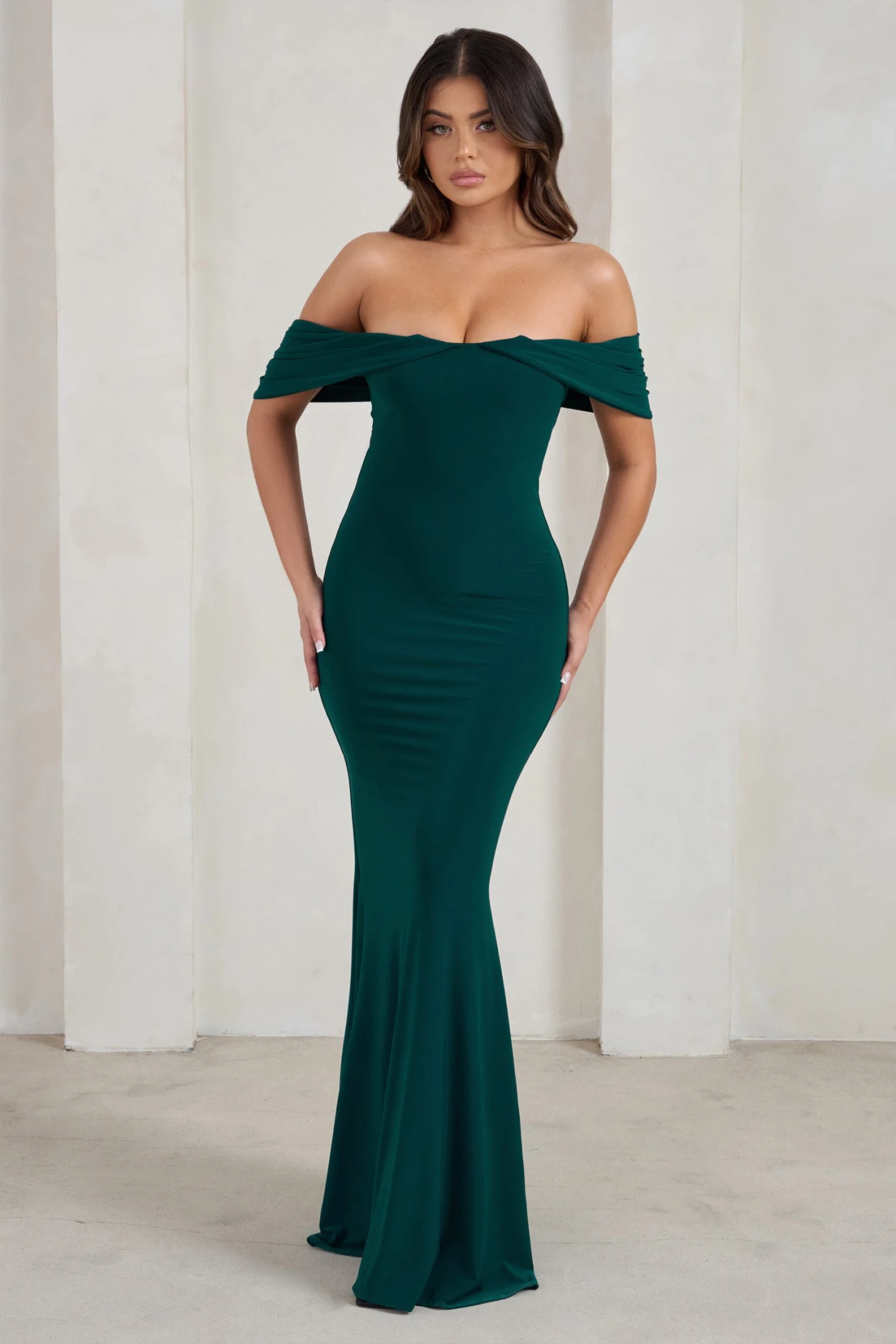 Gabrielle | Green Bardot Neckline With Drape Sleeves Maxi Dress 4 Gabrielle | Green Bardot Neckline With Drape Sleeves Maxi Dress - Image 4