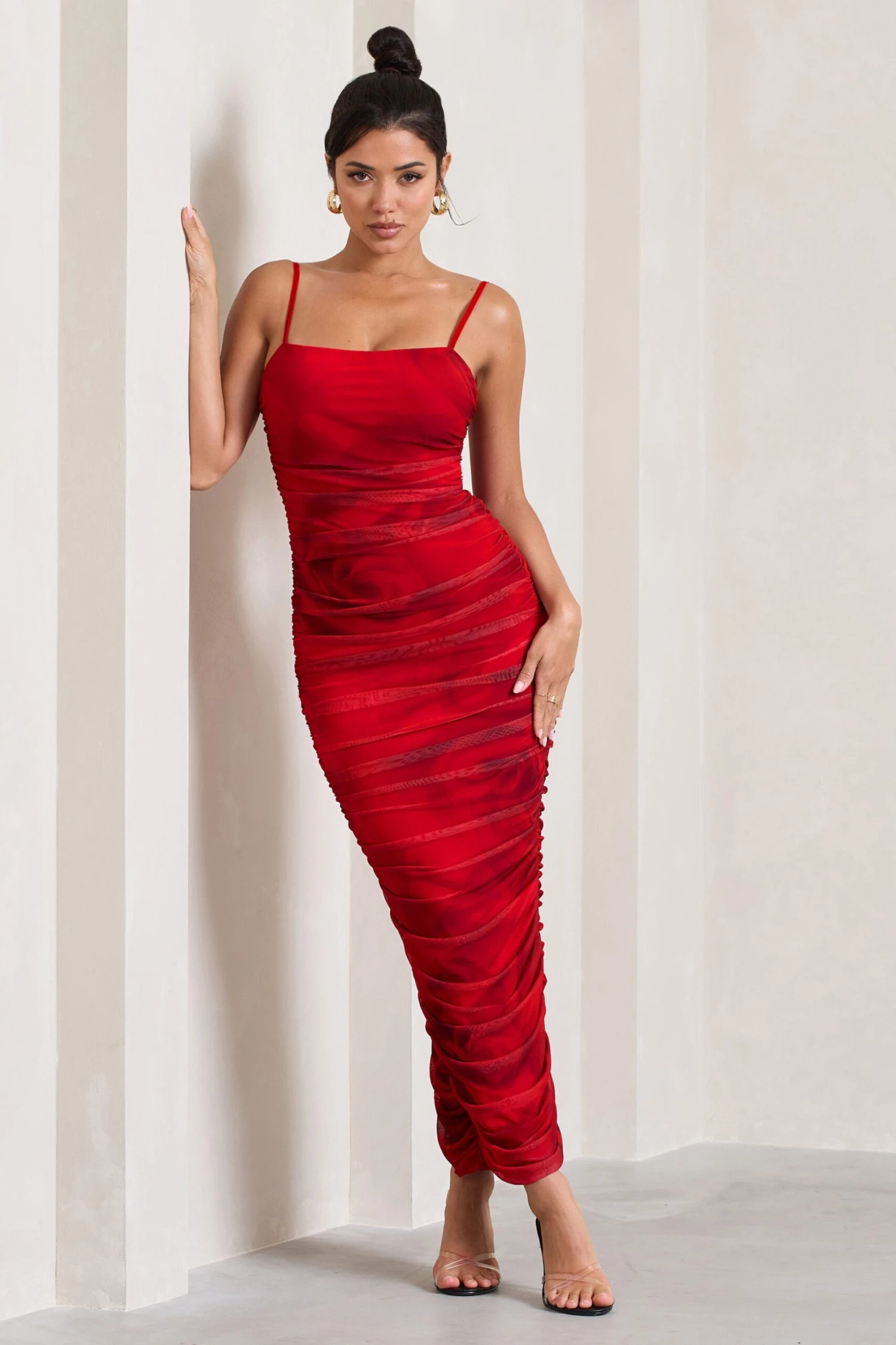 Ellis | Red Rose Printed Ruched Mesh Strappy Bodycon Maxi Dress 1 Ellis | Red Rose Printed Ruched Mesh Strappy Bodycon Maxi Dress
