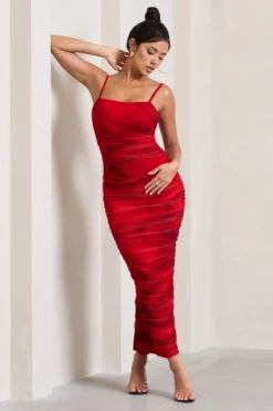 Ellis | Red Rose Printed Ruched Mesh Strappy Bodycon Maxi Dress 8 Ellis | Red Rose Printed Ruched Mesh Strappy Bodycon Maxi Dress -Stylixon Sales Store WB CC CL128707100 EllisRedRosePrintedRuchedMeshStrappyBodyconMaxiDress4 scaled
