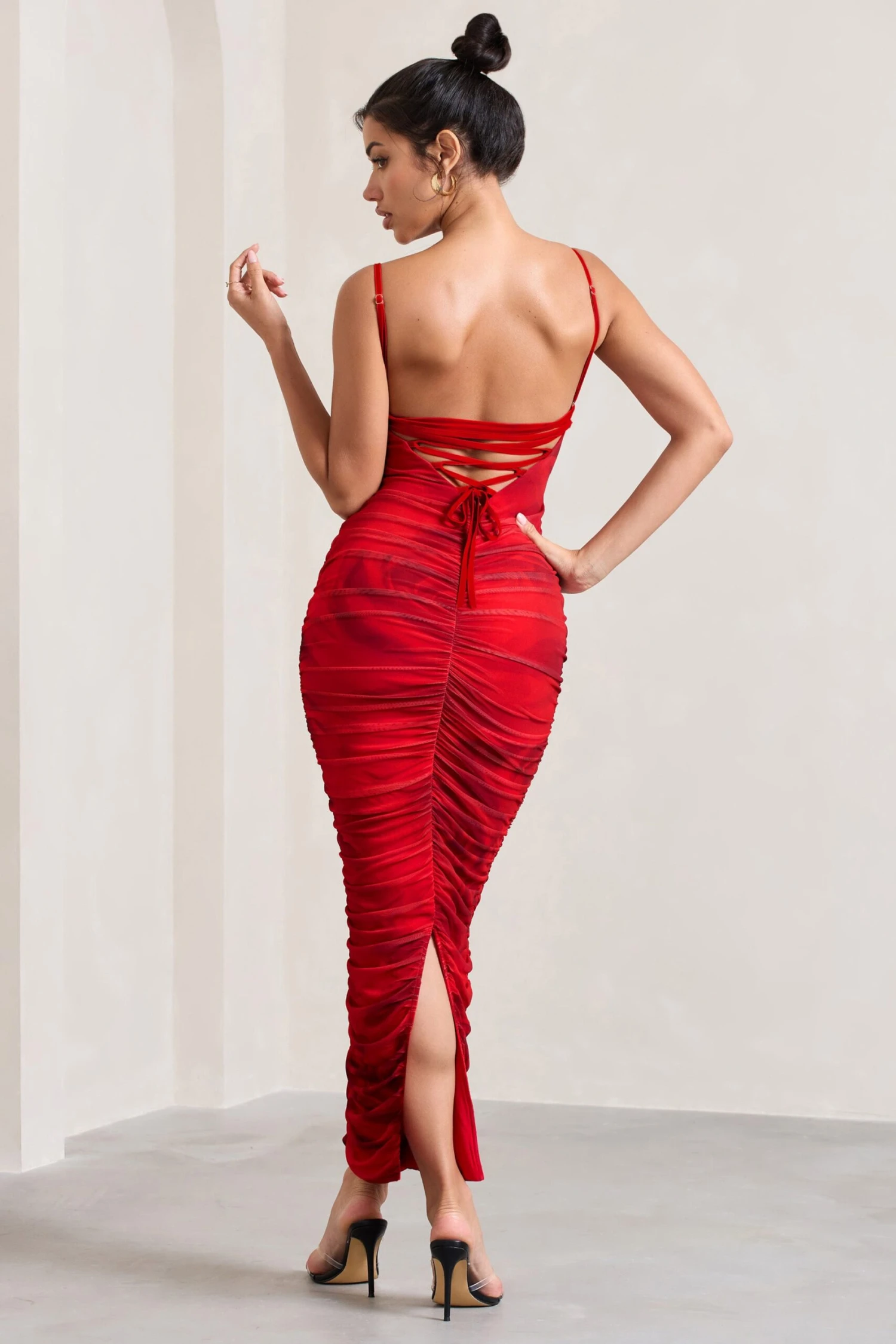 Ellis | Red Rose Printed Ruched Mesh Strappy Bodycon Maxi Dress 2 Ellis | Red Rose Printed Ruched Mesh Strappy Bodycon Maxi Dress - Image 2