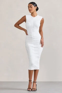 Alight| White Ruched Mesh Sleeveless Bodycon Midi Dress -Stylixon Sales Store WB CC CL128817005 Alight WhiteRuchedMeshSleevelessBodyconMidiDress0 scaled