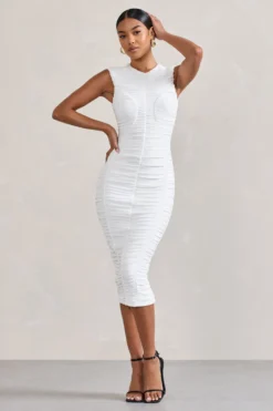 Alight| White Ruched Mesh Sleeveless Bodycon Midi Dress -Stylixon Sales Store WB CC CL128817005 Alight WhiteRuchedMeshSleevelessBodyconMidiDress1 scaled