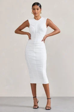 Alight| White Ruched Mesh Sleeveless Bodycon Midi Dress