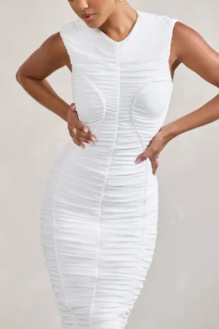 Alight| White Ruched Mesh Sleeveless Bodycon Midi Dress -Stylixon Sales Store WB CC CL128817005 Alight WhiteRuchedMeshSleevelessBodyconMidiDress5 scaled