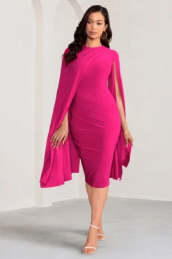 Marysol | Pink Asymmetric Cape Midi Dress -Stylixon Sales Store WB CC CL129284 MarysolPinkAsymmetricCapeMidDress0 scaled
