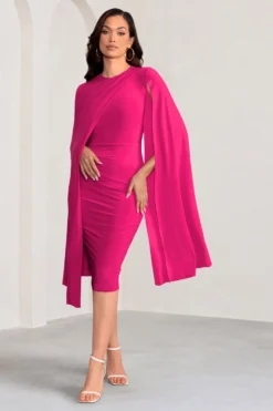 Marysol | Pink Asymmetric Cape Midi Dress -Stylixon Sales Store WB CC CL129284 MarysolPinkAsymmetricCapeMidDress4 scaled