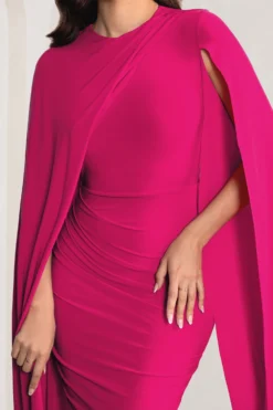 Marysol | Pink Asymmetric Cape Midi Dress -Stylixon Sales Store WB CC CL129284 MarysolPinkAsymmetricCapeMidDress5 scaled