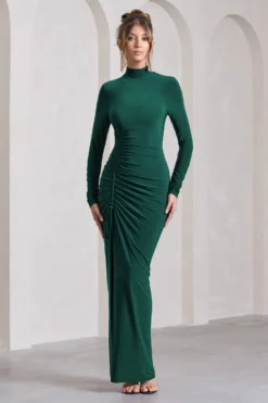 Lynn | Bottle Green Ruched High-Neck Split Maxi Dress -Stylixon Sales Store WB CC CL129797047 Lynn BottleGreenRuchedHigh NeckSplitMaxiDress0 scaled