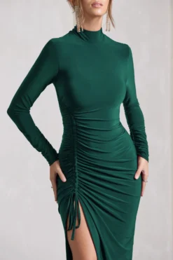 Lynn | Bottle Green Ruched High-Neck Split Maxi Dress -Stylixon Sales Store WB CC CL129797047 Lynn BottleGreenRuchedHigh NeckSplitMaxiDress3 scaled