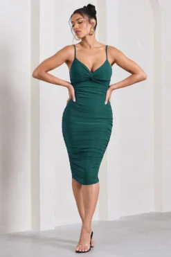 Desired | Bottle Green Knot Detail Ruched Midi Dress -Stylixon Sales Store WB CC HR CL126642047 DesiredBottleGreenRuchedStrappyMidiDress0 scaled